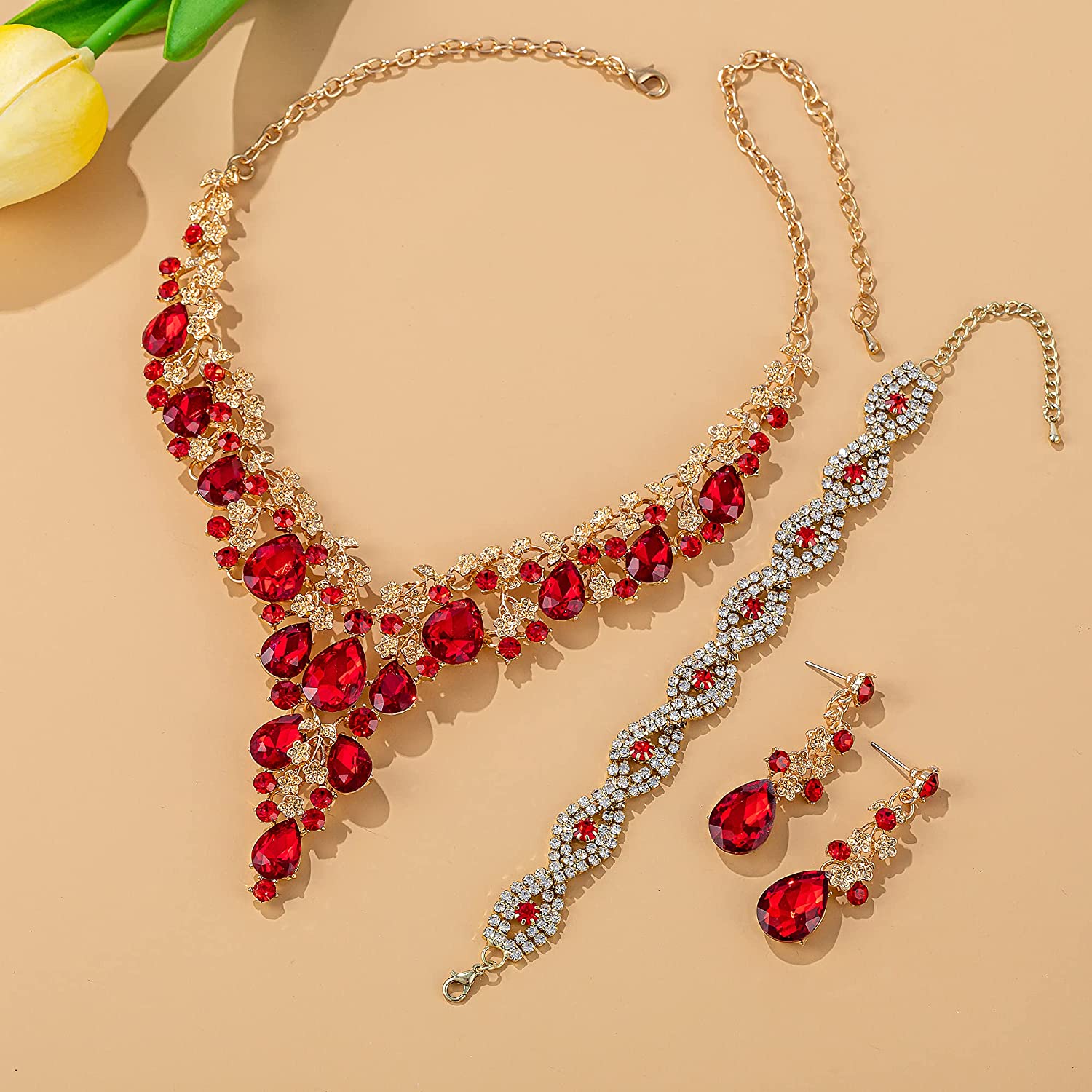 Paxuan Wedding Bridal Bridesmaid Austrian Crystal Rhinestone Jewelry Sets Statement Choker Necklace Drop Dangle Earrings Sets for Wedding Party Prom - Image 2